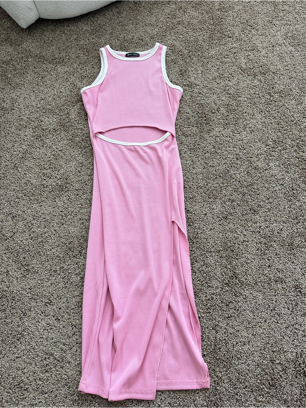 Sleeveless Pink Midi Dress with White Trim and Cutout